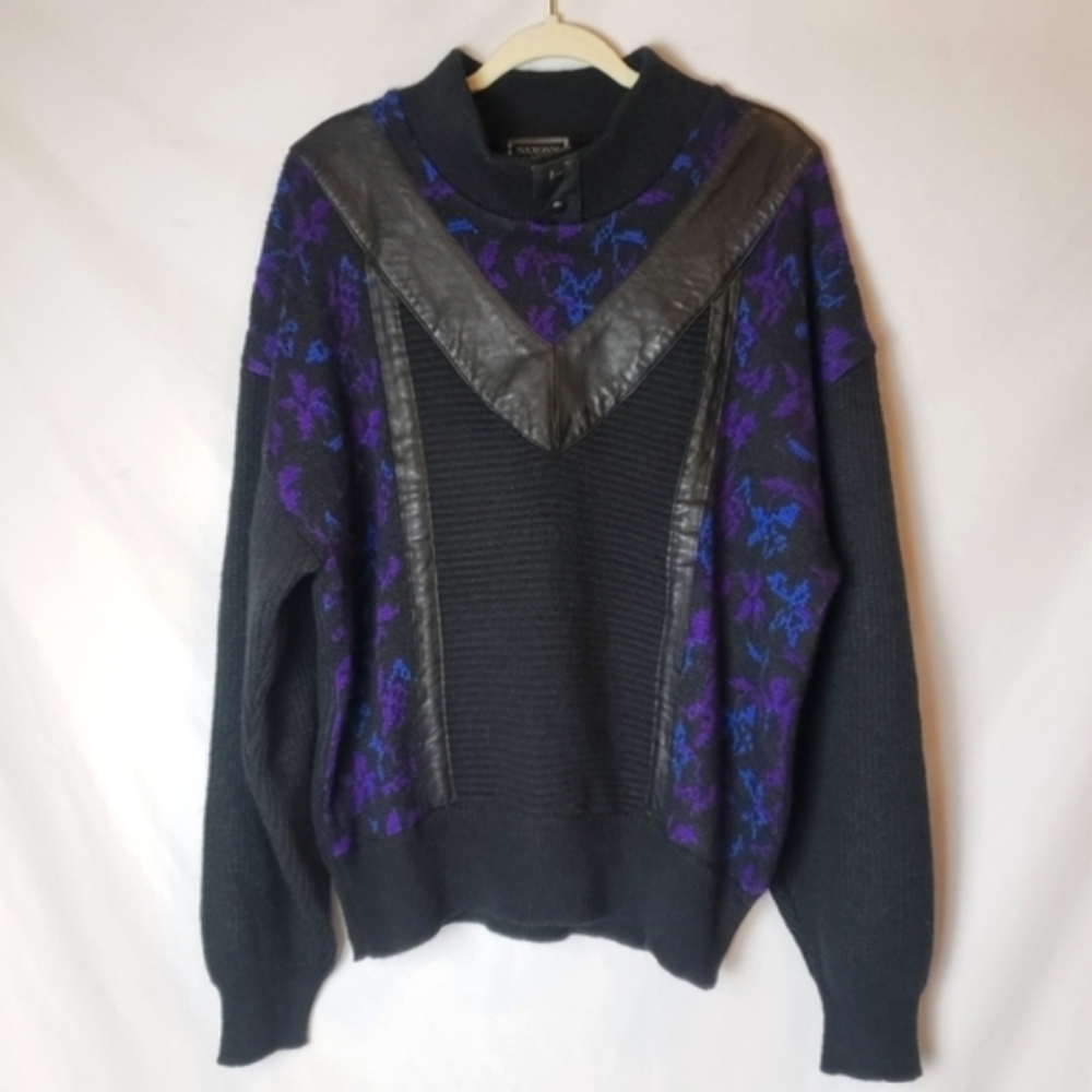 Saxony Vintage 80'-90's Genuine leather trim Sweater